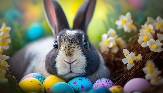 Um coelho senta-se entre os ovos de páscoa em uma cesta.