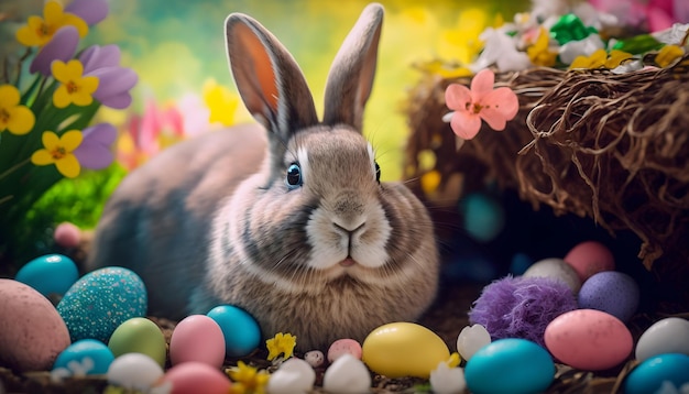 Um coelho senta-se entre os ovos de páscoa em uma cesta