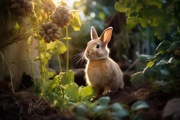 um coelho sentado em um jardim com plantas