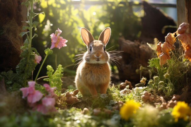 um coelho sentado em um jardim com plantas