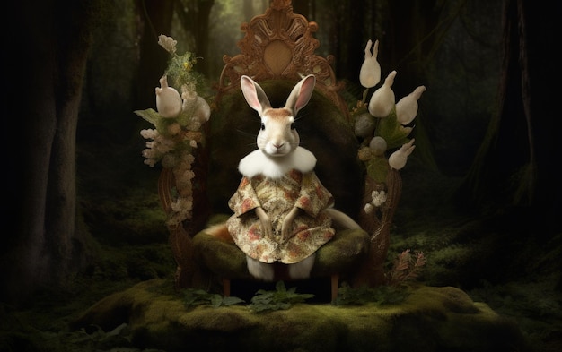 Um coelho sentado em um trono real, o fundo é uma floresta Generative AI