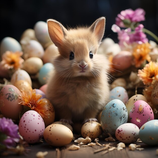 um coelho sentado na frente de uma pilha de ovos com flores sobre eles