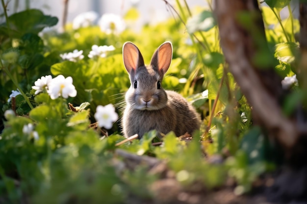 um coelho sentado na grama com flores
