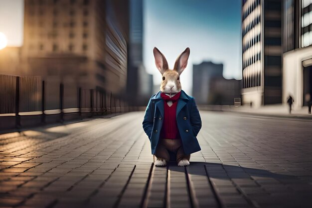 Foto um coelho vestindo uma jaqueta que diz coelho nele