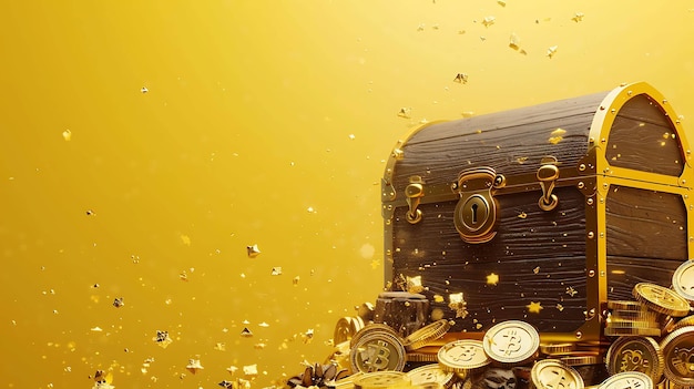Foto um cofre de tesouro de madeira cheio de moedas de ouro e um brilho dourado o cofre é cercado por uma pilha de moedas douradas e brilhantes