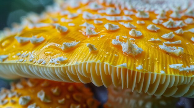 Foto um cogumelo amarelo e laranja com pontos brancos nele