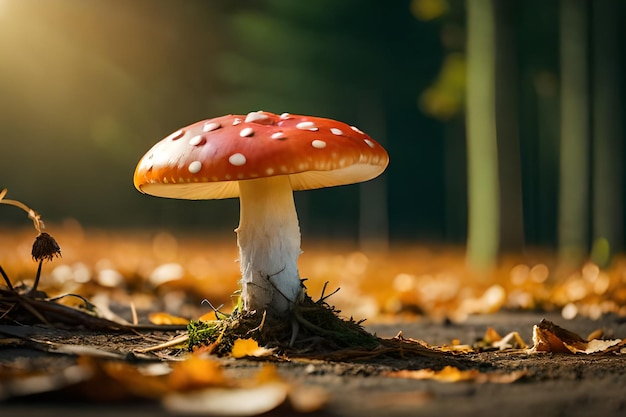 Um cogumelo com gorro vermelho e manchas brancas fica na terra da floresta de outono.
