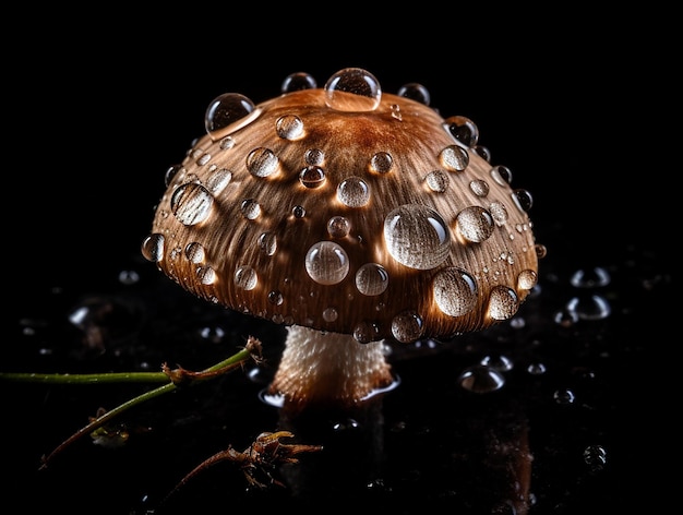 Um cogumelo com gotas de água em sua tampa