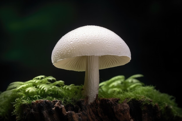 Um cogumelo com gotas de chuva está em um toco