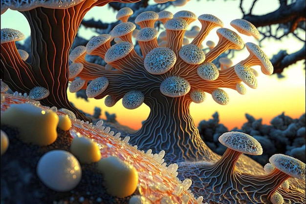 Foto um cogumelo e uma árvore com um pôr do sol ao fundo