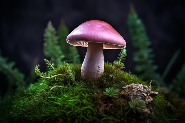 Um cogumelo em uma superfície musgosa com um fundo escuro.