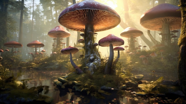 Um cogumelo gigante de fantasia a crescer numa floresta encantada.