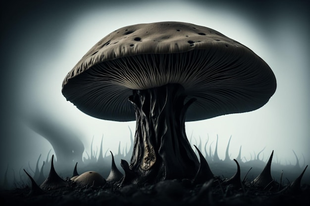 Um cogumelo grande e escuro.