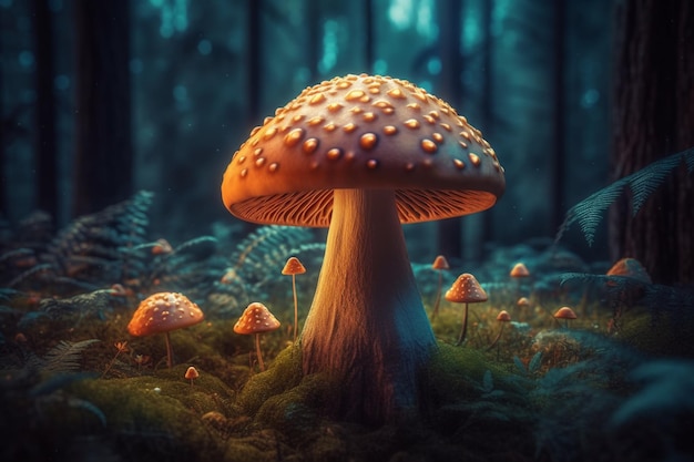 Um cogumelo na floresta com um fundo azul