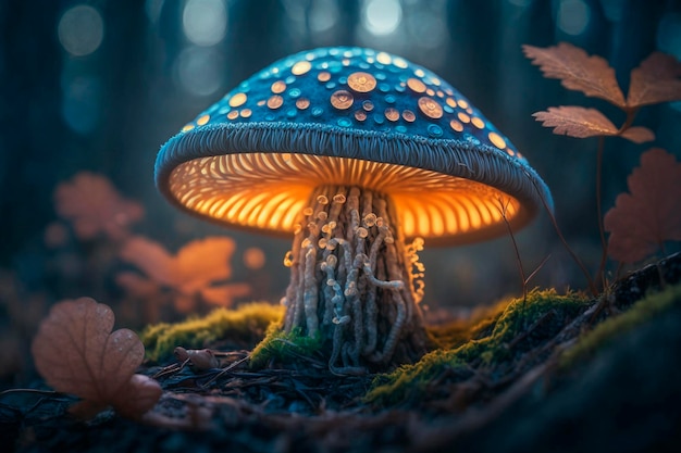 Um cogumelo na floresta com uma tampa azul e uma luz amarela.