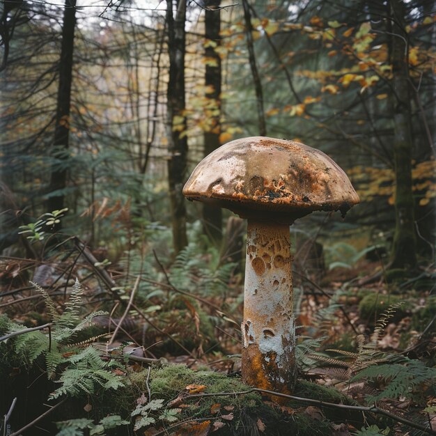 um cogumelo na floresta é cercado por árvores