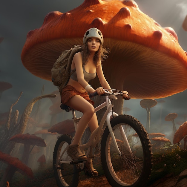 Um cogumelo psicodélico tirado em uma bicicleta com uma menina em uma cena de videogame