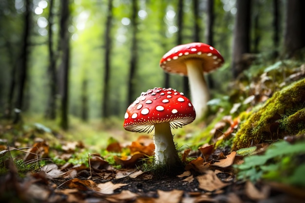 um cogumelo vermelho com pontos brancos em cima dele está em uma floresta