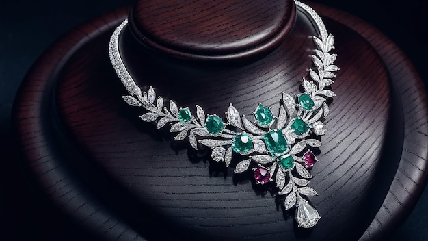 um colar com um diamante verde e prata e um diamante