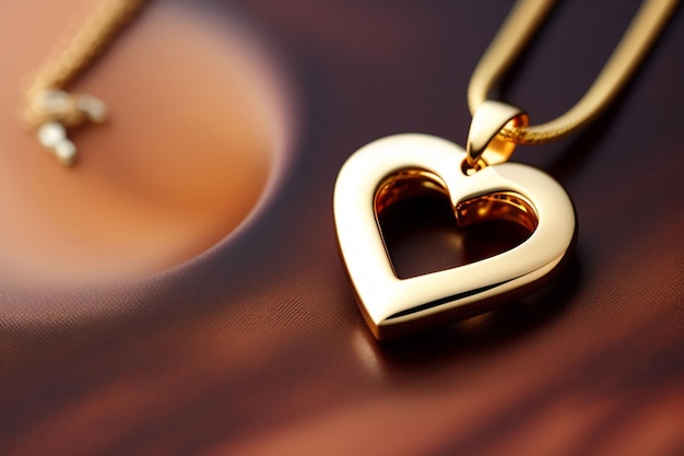 Um colar de coração de ouro com um pingente de coração de ouro em uma mesa marrom.