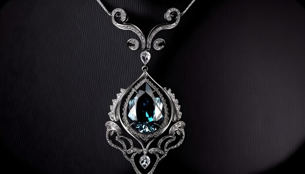 Um colar de prata com uma gema azul e um diamante.