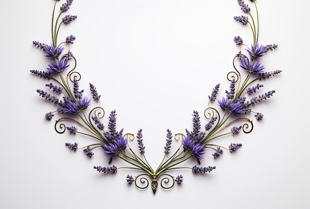 um colar é mostrado em fundo branco com flores de lavanda no estilo de frieke janssens