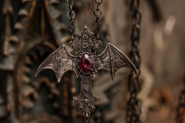 Um colar gótico com uma cruz um morcego e um rubi