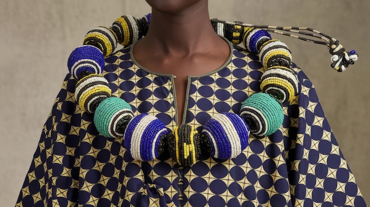 Foto um colar ornamentado de contas feito à mão complementa a roupa tradicional africana gerada por