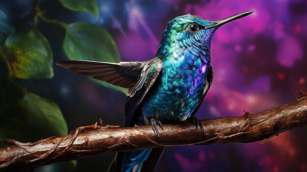 Foto um colibri azul e roxo vibrante empoleirado