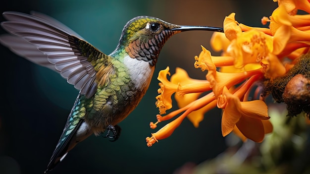 Foto um colibri colorido sobre flores