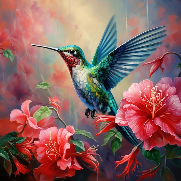 Um colibri encantador pairando perto de flores vibrantes