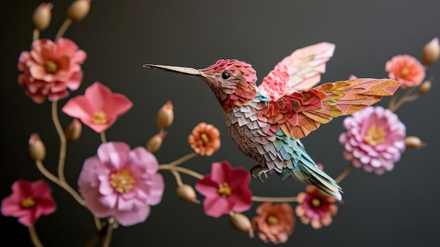 Foto um colibri encantador retratado em delicadas camadas de papel