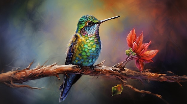 um colibri vibrante e multicolorido pousado em um verde