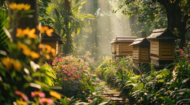 Um colmeio aninhado em um jardim exuberante, colmeias dispostas cuidadosamente entre flores coloridas