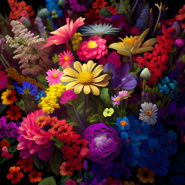 Foto um colorido buquê de flores está em um quarto escuro.
