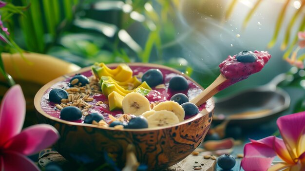 Foto um colorido prato de cereais com mirtilos e bananas