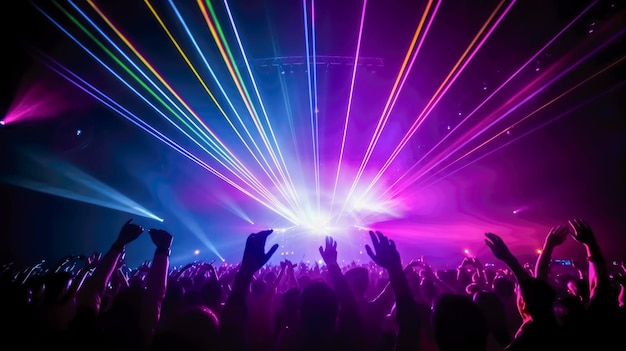 Um colorido show de luzes de discoteca com uma multidão em primeiro plano