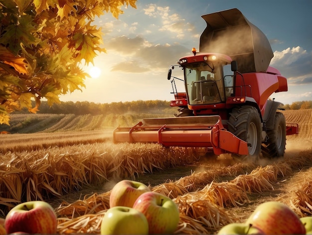 um combinador vermelho está dirigindo através de um campo de maçãs e milho