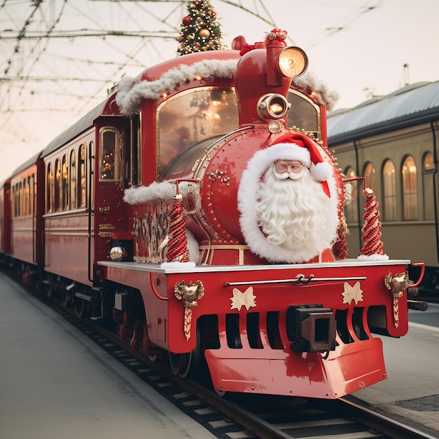 Foto um comboio com um papai noel na frente