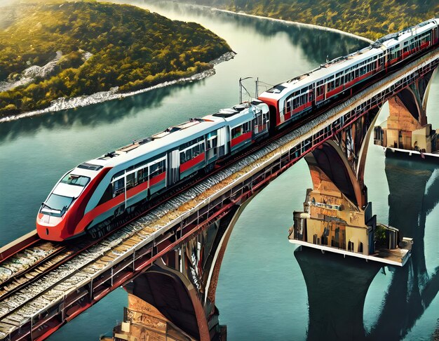 Um comboio está a atravessar uma ponte sobre um rio.