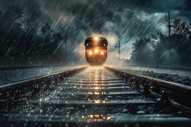Um comboio está a descer os trilhos na chuva.