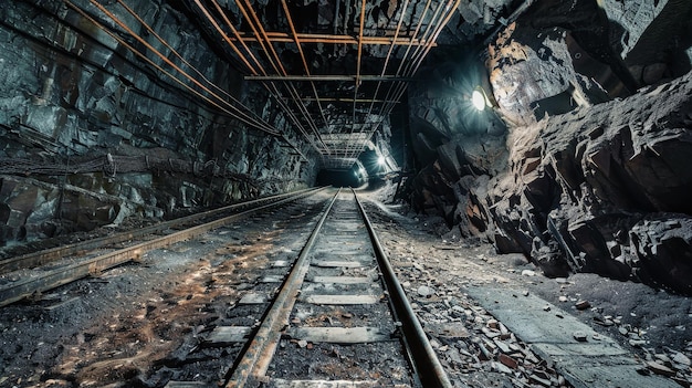 Um comboio está viajando por um túnel escuro no subsolo.