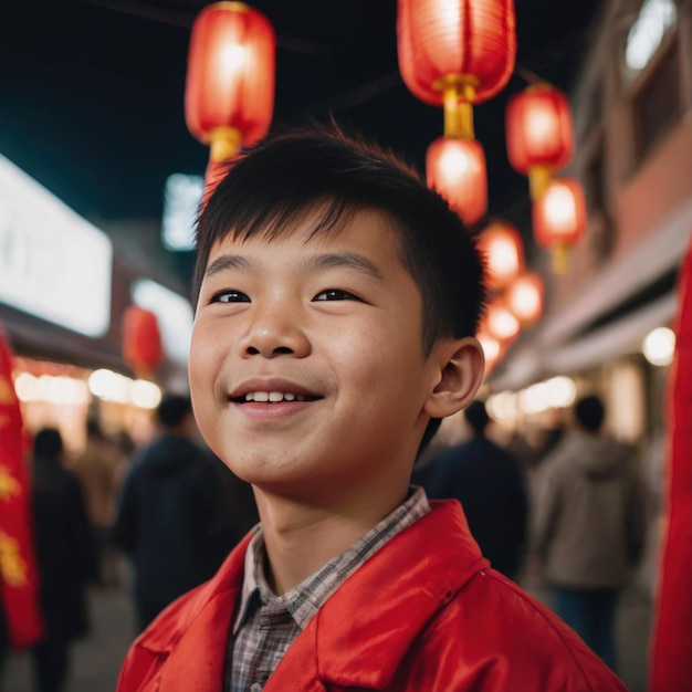 Foto um começo radiante primeiro vislumbre de um menino chinês no dia de ano novo