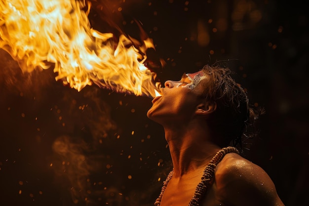Um comedor de fogo bravamente engolindo chamas e respirando fogo no ar hipnotizando o público com atos ousados de coragem