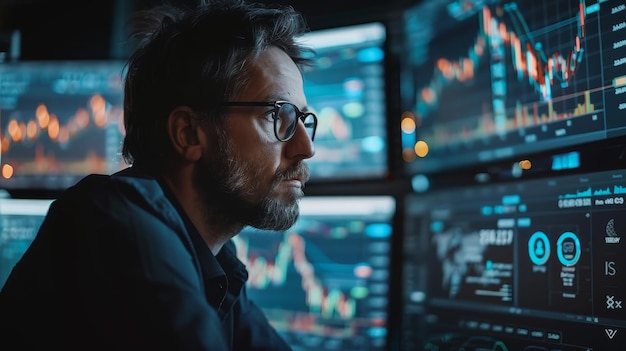 Um comerciante de ações analisa dados financeiros complexos exibidos em vários ecrãs de computador