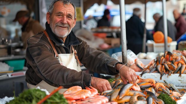 Foto um comerciante de peixe amigável está atrás de seu balcão no mercado exibindo uma variedade de frutos do mar frescos