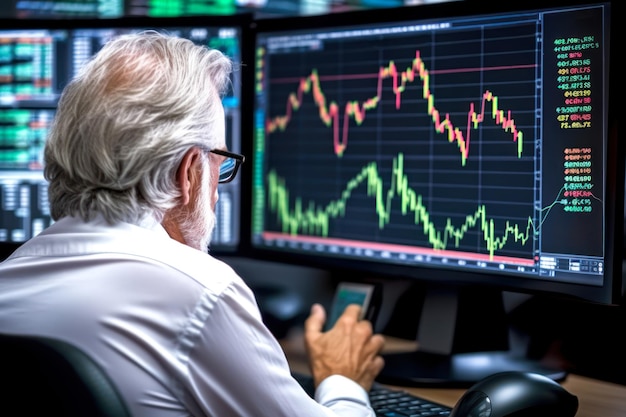 Um comerciante idoso está seguindo gráficos de ações no mercado generativo ai
