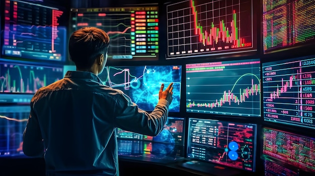Um comerciante solitário estuda gráficos do mercado de ações em estações de trabalho expansivas com vários monitores, empregando análise de aplicativos móveis para criptomoeda e análise de gráfico de crescimento de investimento AI Generative