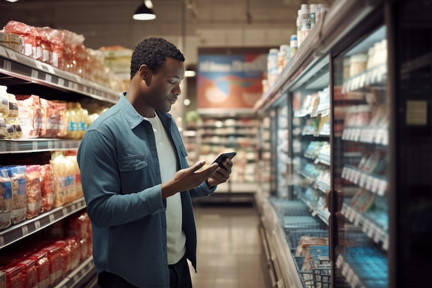 Foto um comprador americano africano ou um empregado de um supermercado escaneia um código de barras para comprar um produto