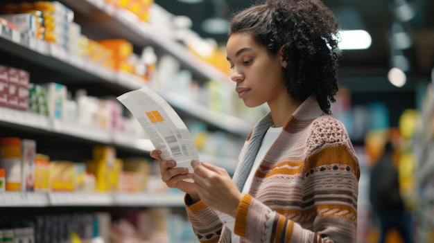 Foto um comprador atencioso examinando um rótulo de produto em um corredor de um supermercado